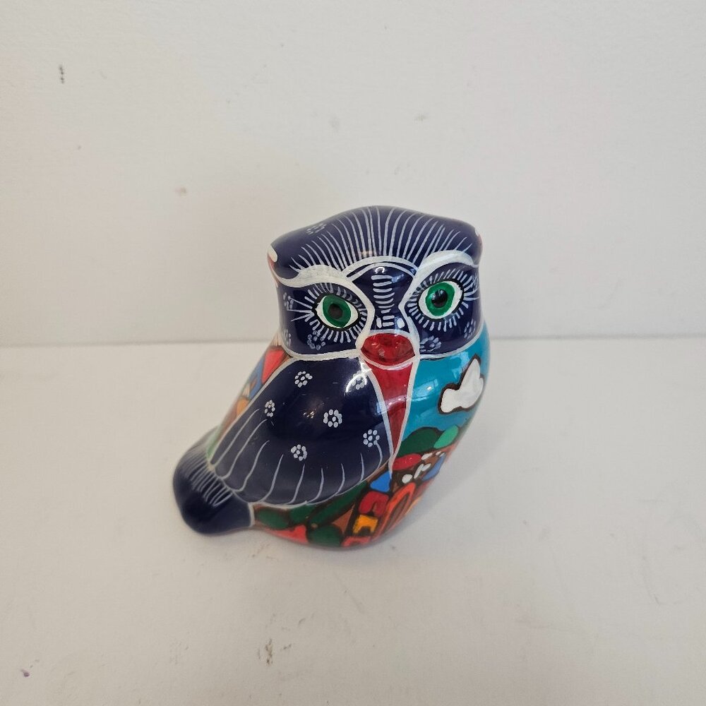 Colorful Hand Painted Talavera Owl Clay Figurine Mexico Folk Art READ